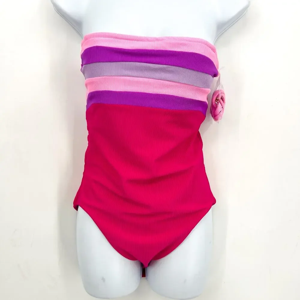 BEACH RIOT Jessa Bandeau One Piece Swimsuit Small Pink Raspberry Colorblock NWT - Picture 5 of 12